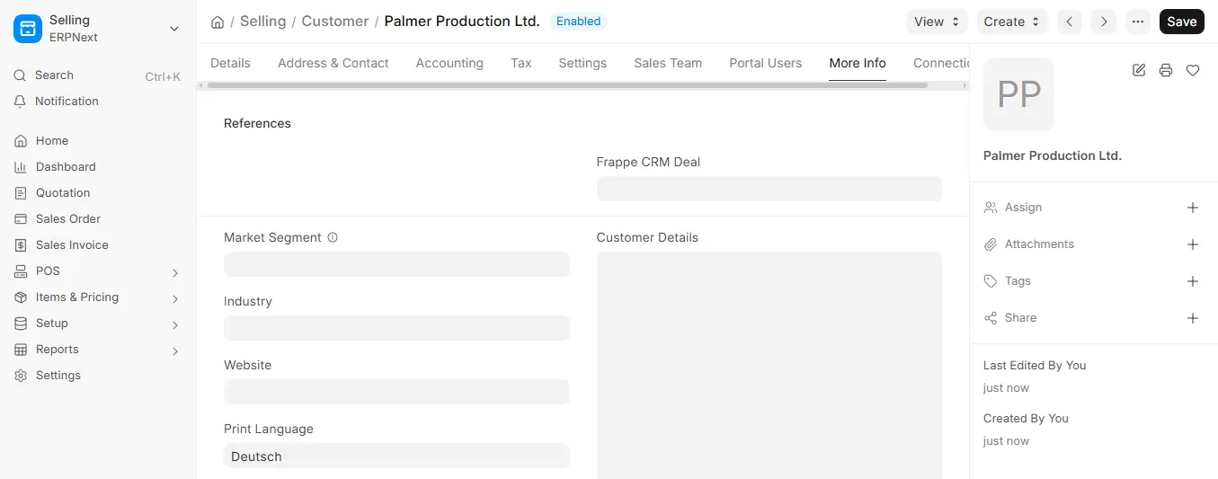 ERPNext Customer profile More Info tab showing Palmer Production Ltd with Print Language set to Deutsch