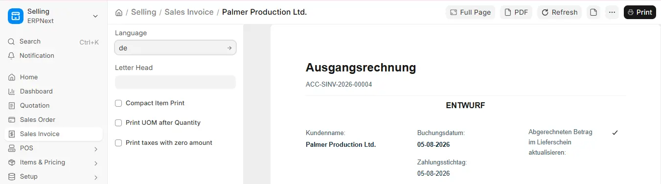 ERPNext Sales Invoice print preview showing German translation with Language set to de (Deutsch)