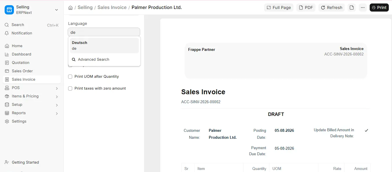 Selecting Deutsch as print language in ERPNext Sales Invoice preview screen