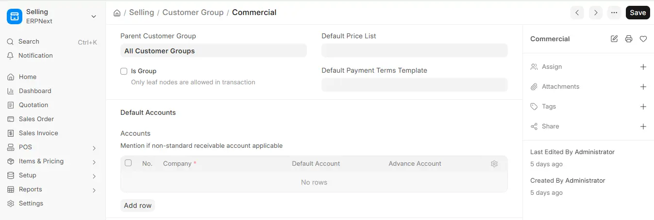 ERPNext Customer Group form for Commercial with parent customer group, default price list and default accounts table