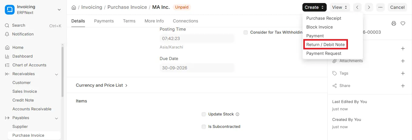 Return Debit Note option in ERPNext Purchase Invoice Create dropdown menu