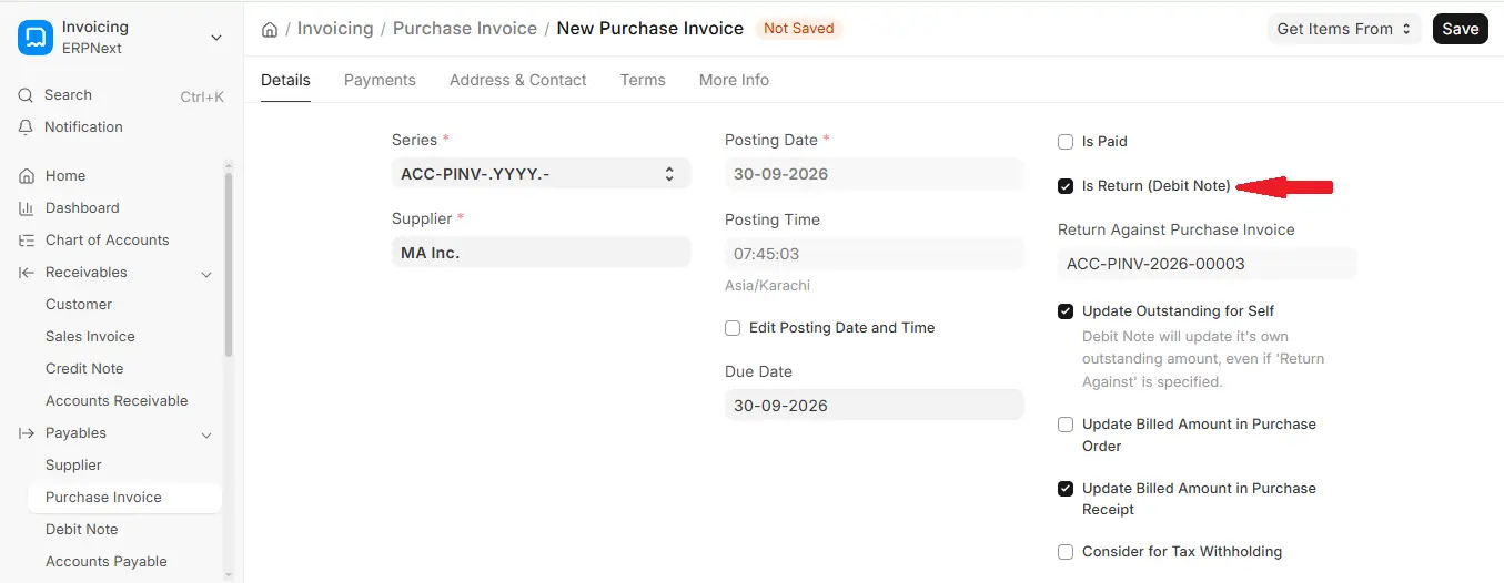 Is Return Debit Note checkbox highlighted in ERPNext new Purchase Invoice