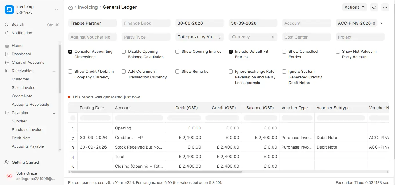 ERPNext General Ledger showing Debit Note voucher entries with Creditors account