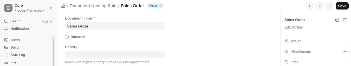 ERPNext Document Naming Rule for Sales Order showing Priority and Disabled settings