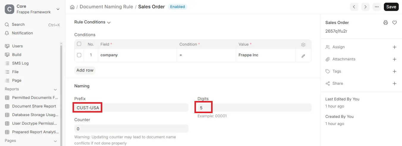 Sales Order naming rule configuration in ERPNext showing custom prefix and digit settings