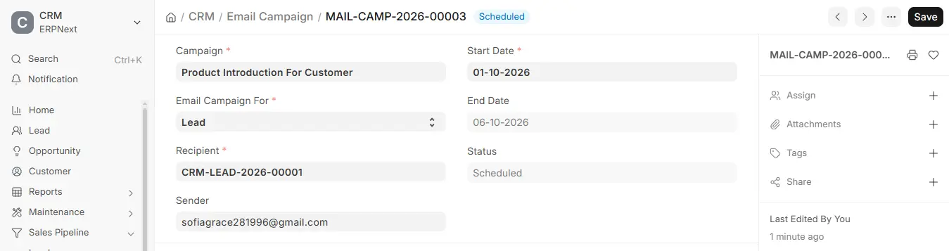 ERPNext scheduled Email Campaign linked to Product Introduction For Customer campaign