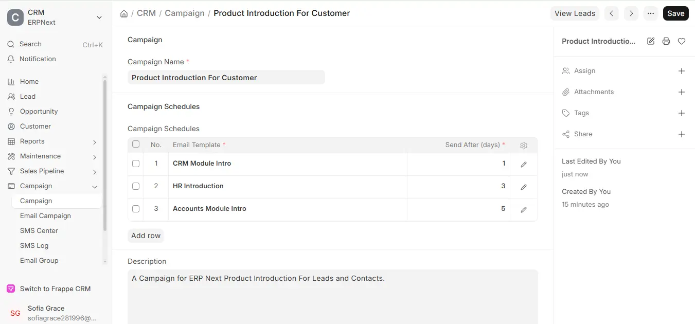 ERPNext Campaign showing View Leads button after linking Email Campaign