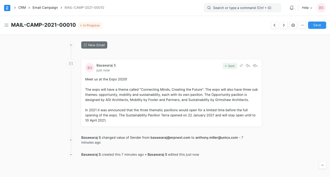 ERPNext Email Campaign timeline showing sent email and Sender field change activity