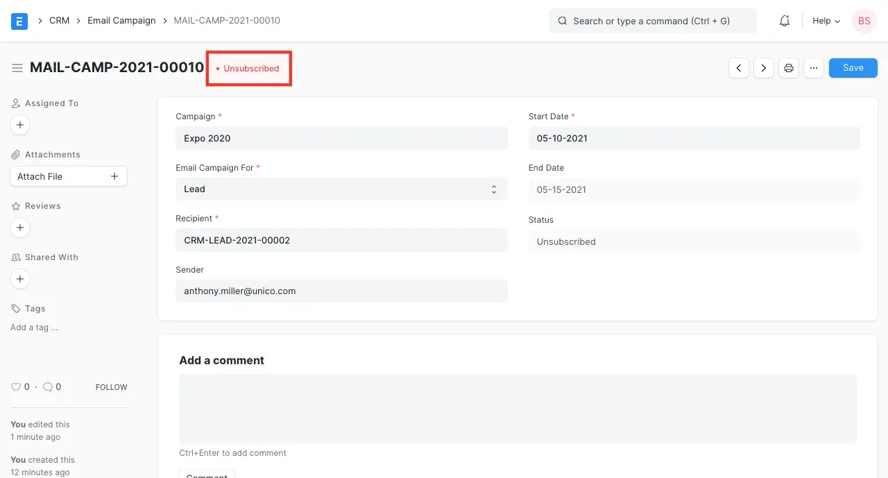 Unsubscribed status highlighted in ERPNext Email Campaign for Expo 2020