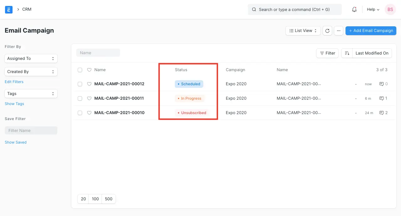 ERPNext Email Campaign list showing Scheduled, In Progress and Unsubscribed statuses