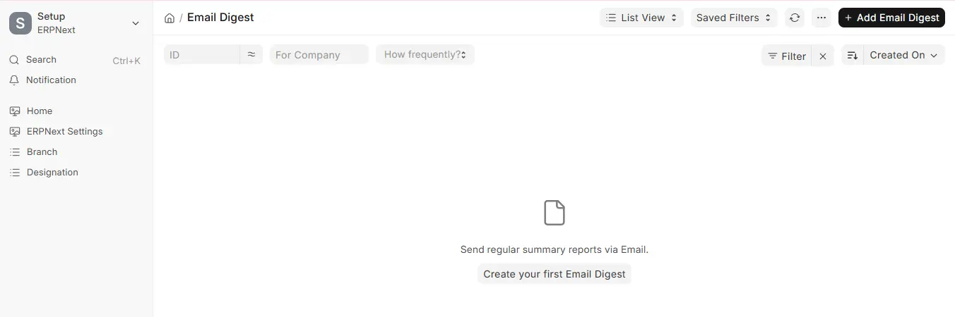 ERPNext Setup Email Digest feature for regular email summary reports