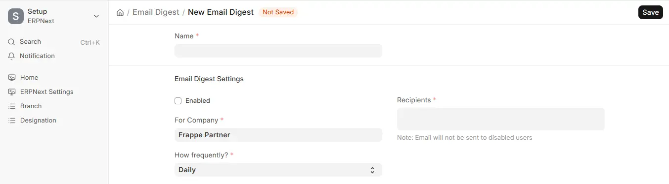 Creating email digest in ERPNext with daily frequency settings