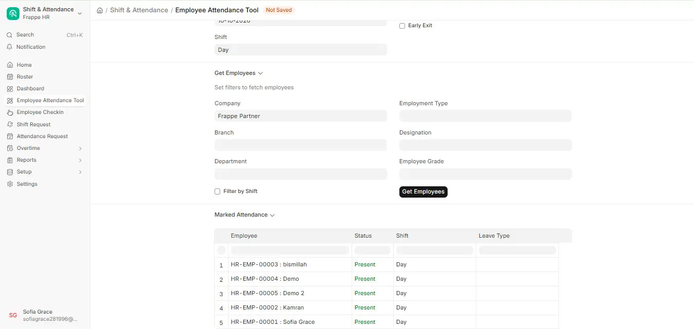 Employee Attendance Tool in ERPNext HR with Get Employees filters and a Marked Attendance table showing present employees on Day shift