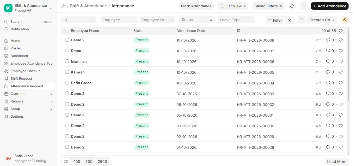 Attendance list in ERPNext HR showing present employees marked on 10 October 2026 after using the Employee Attendance Tool