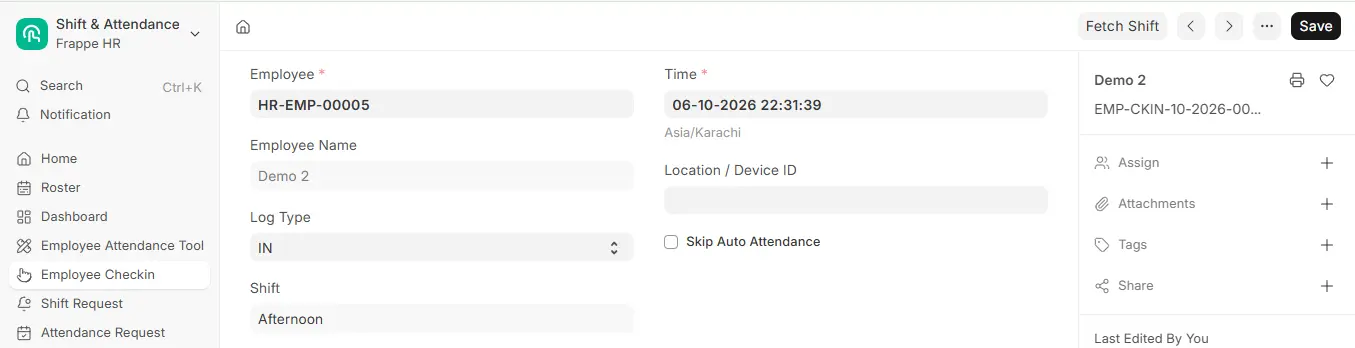 Frappe HR Employee Checkin screen showing employee attendance, check-in time, log type, shift, and location details