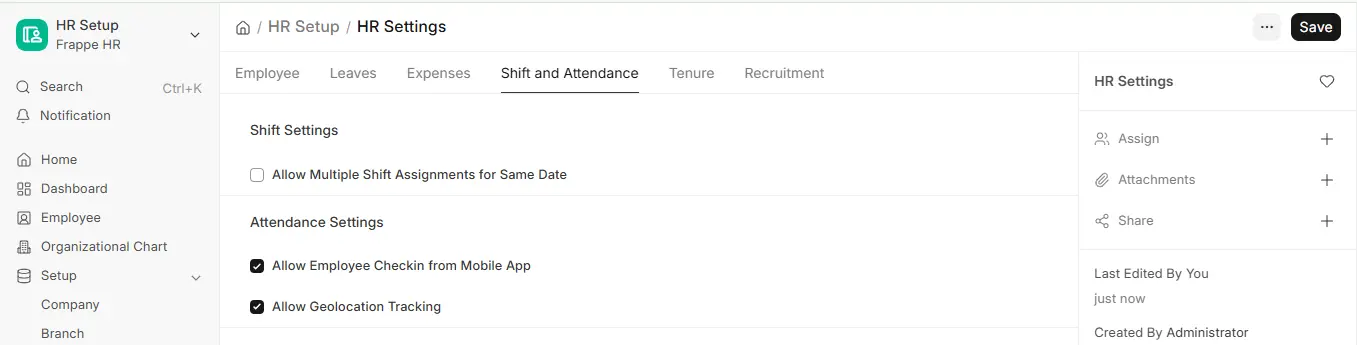 Frappe HR Shift and Attendance settings showing employee check-in and geolocation tracking options