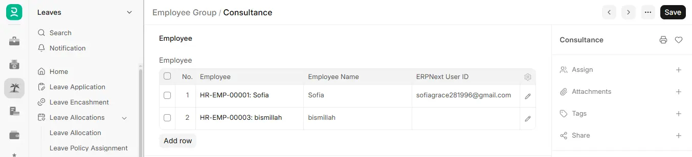 Employee Group in ERPNext HR listing grouped employees with employee name and ERPNext user ID for a consultancy team
