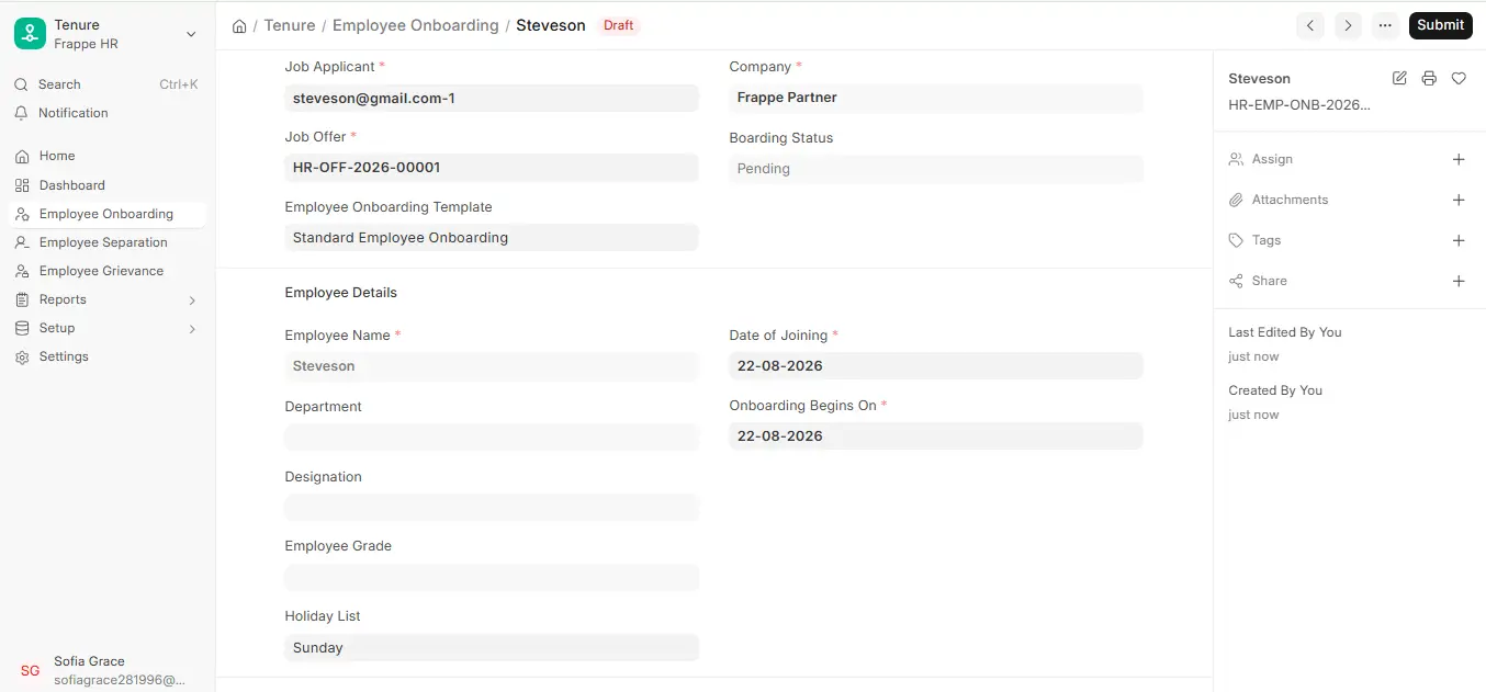 Frappe HR Employee Onboarding draft form with job applicant, job offer, onboarding template, joining date and Submit button