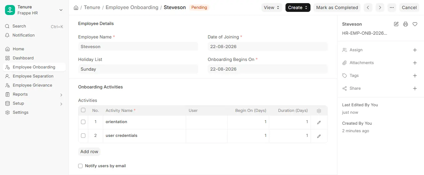 Frappe HR Employee Onboarding with Pending status showing onboarding activities table with orientation and user credentials