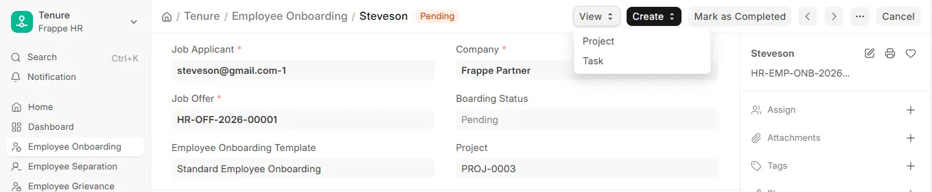 Frappe HR Employee Onboarding with View menu open showing Project and Task links and project field filled