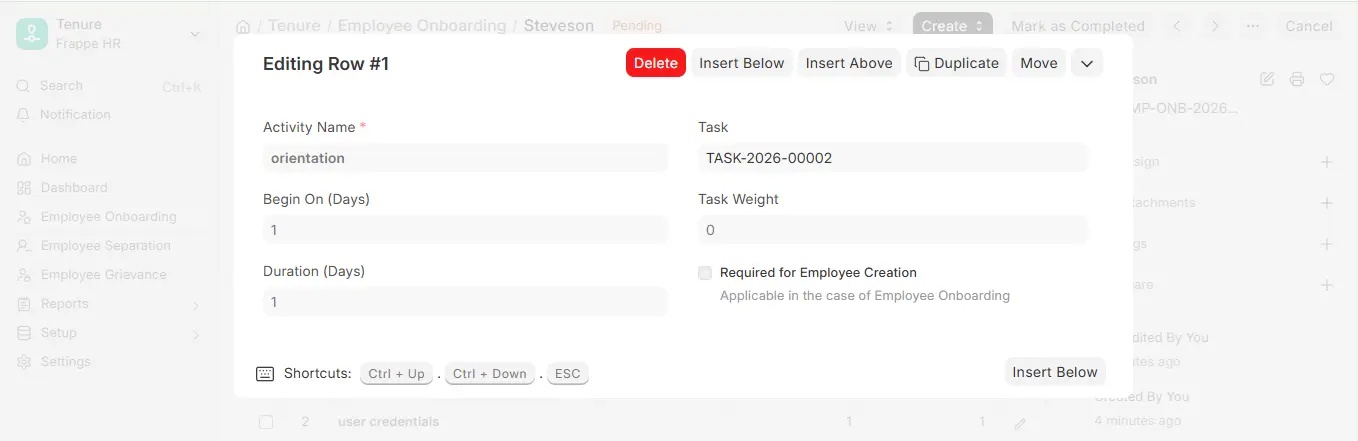 Frappe HR Employee Onboarding Editing Row popup showing activity name, linked task, begin on days, duration and required for employee creation option