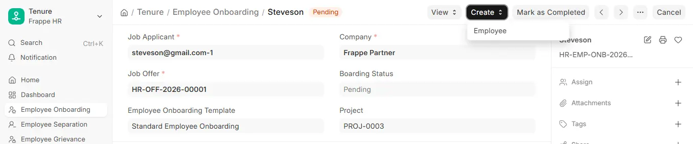 Frappe HR Employee Onboarding with Create menu open showing the Employee option to create an employee record