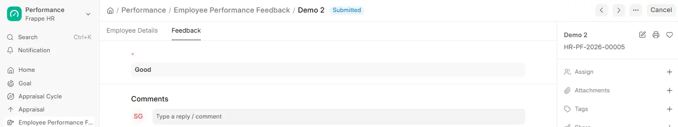 Feedback tab of a submitted Employee Performance Feedback record in ERPNext HR showing the reviewer's written feedback