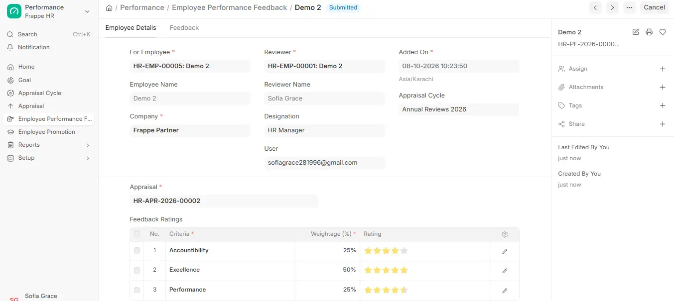 Submitted Employee Performance Feedback in ERPNext HR showing employee, reviewer, appraisal cycle and weighted feedback ratings