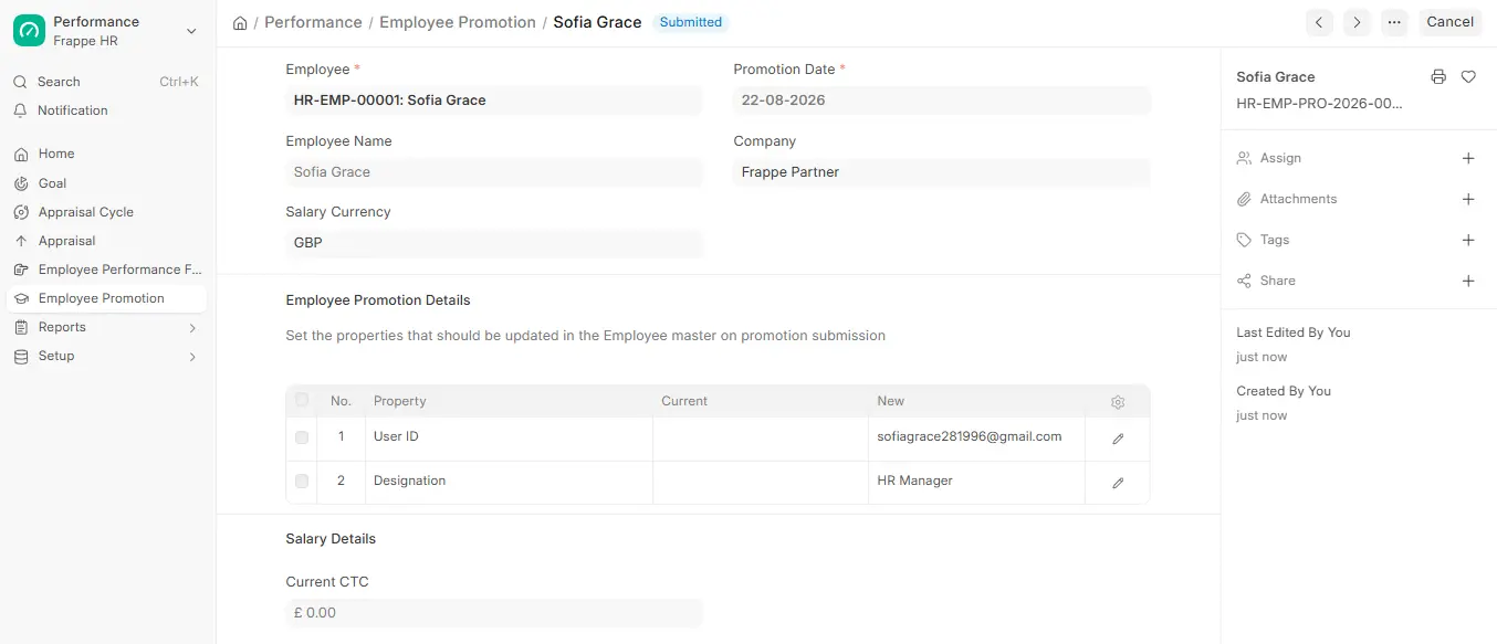 Employee Promotion form in ERPNext HR showing employee, promotion date, promotion details and designation change