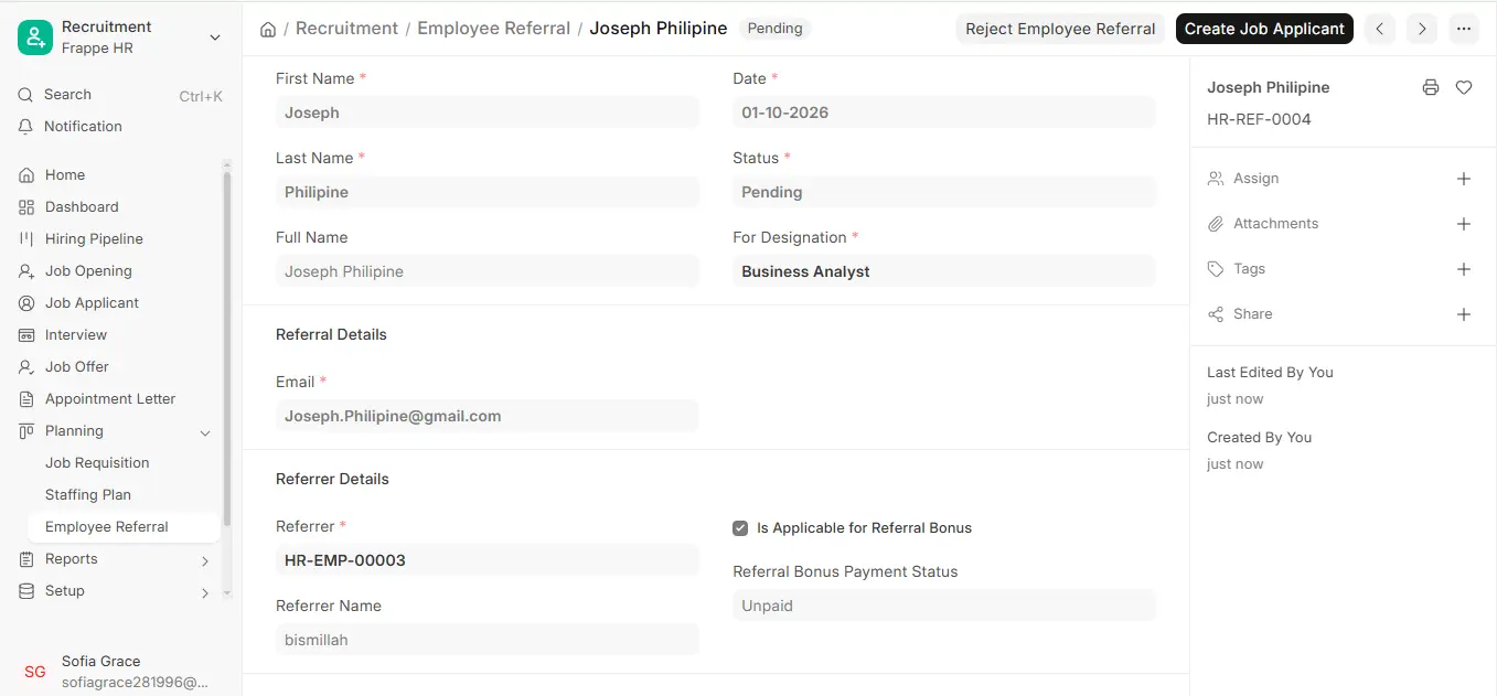 Employee Referral form in ERPNext HR showing referred candidate, designation, referrer details and referral bonus status