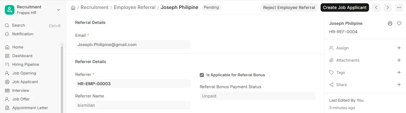 Frappe HR Employee Referral screen showing referrer details, referral bonus eligibility, and payment status