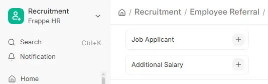 Frappe HR Employee Referral section showing Job Applicant and Additional Salary options