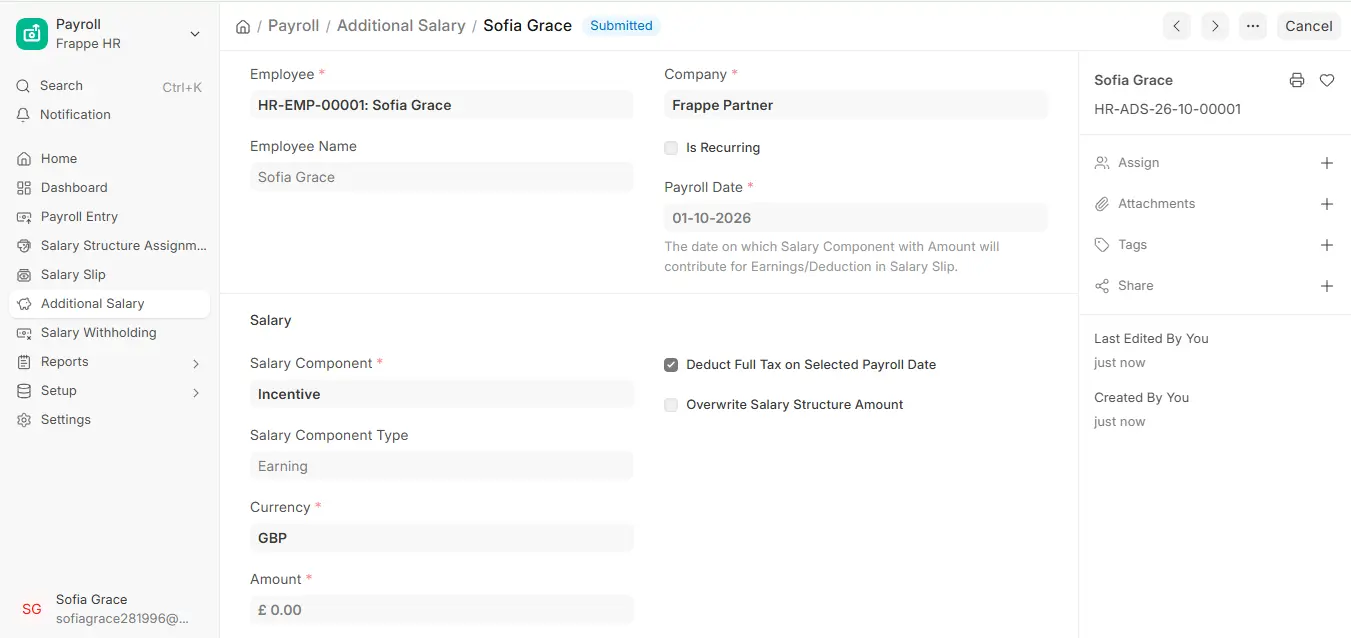 Frappe HR Additional Salary screen showing employee payroll date, salary component, currency, and amount settings
