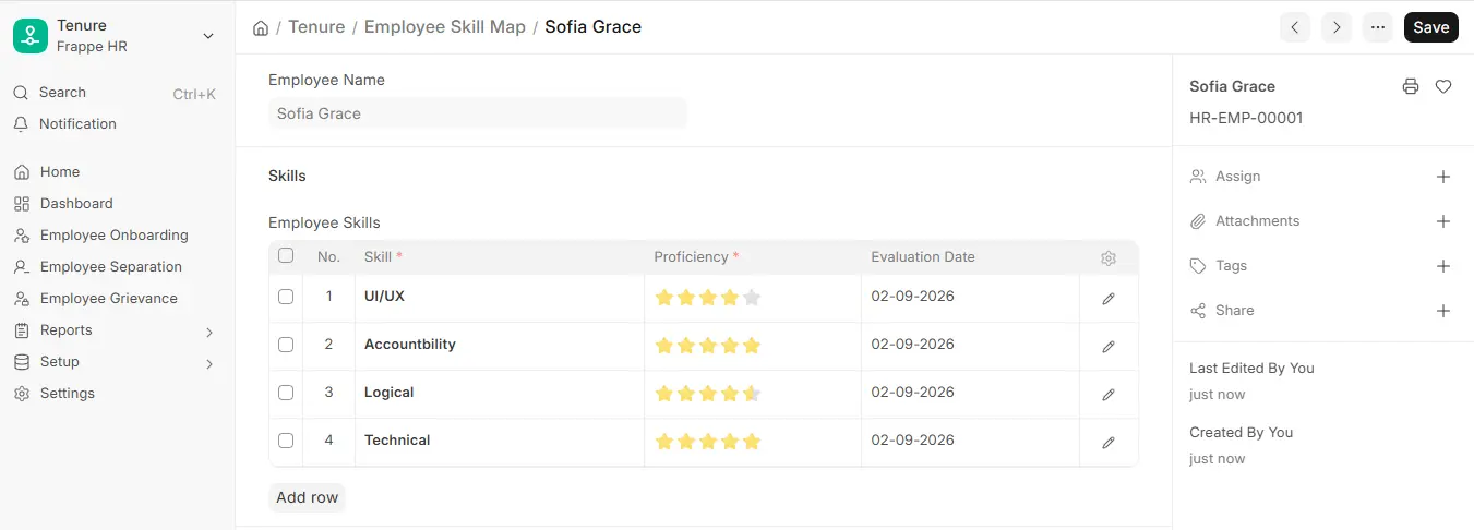 Frappe HR Employee Skill Map form with employee skills, proficiency star ratings and evaluation dates