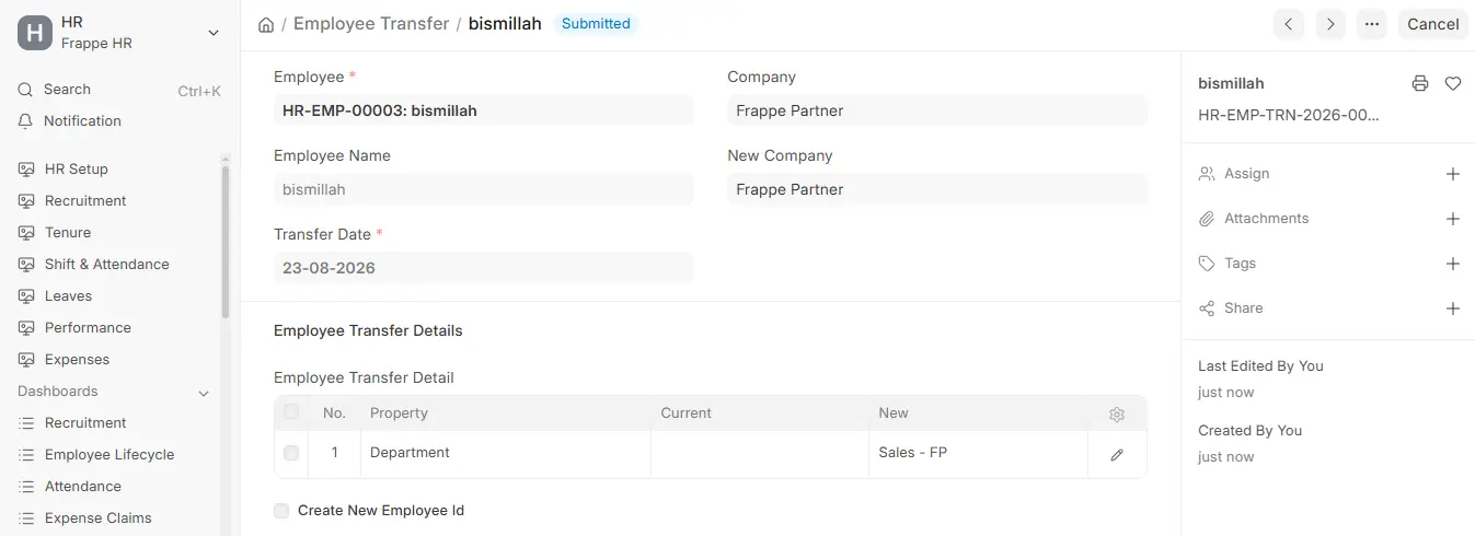 Frappe HR Employee Transfer with Submitted status showing employee, transfer date, new company and department transfer detail