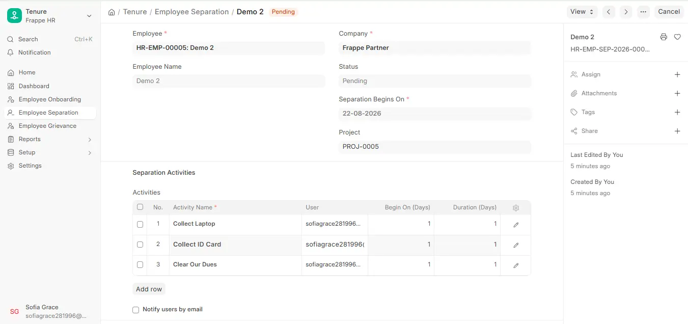 Employee Separation form in ERPNext HR showing employee, separation date and offboarding activities like Collect Laptop