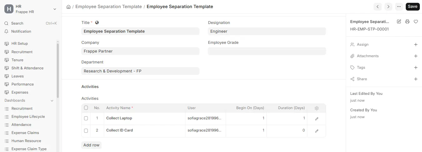 Employee Separation Template in ERPNext HR showing designation, department and offboarding activities like Collect Laptop