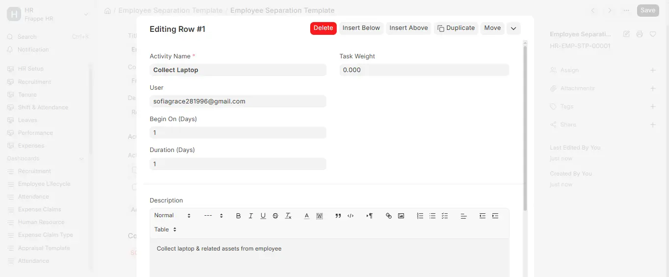 Editing a row in the Employee Separation Template in ERPNext HR with activity name, user, duration and description fields