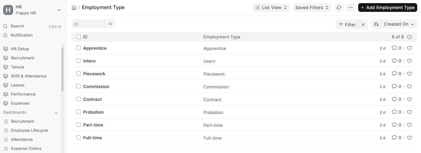 Frappe HR Employment Type list view showing Full-time, Part-time, Contract, Probation, Intern and Apprentice types