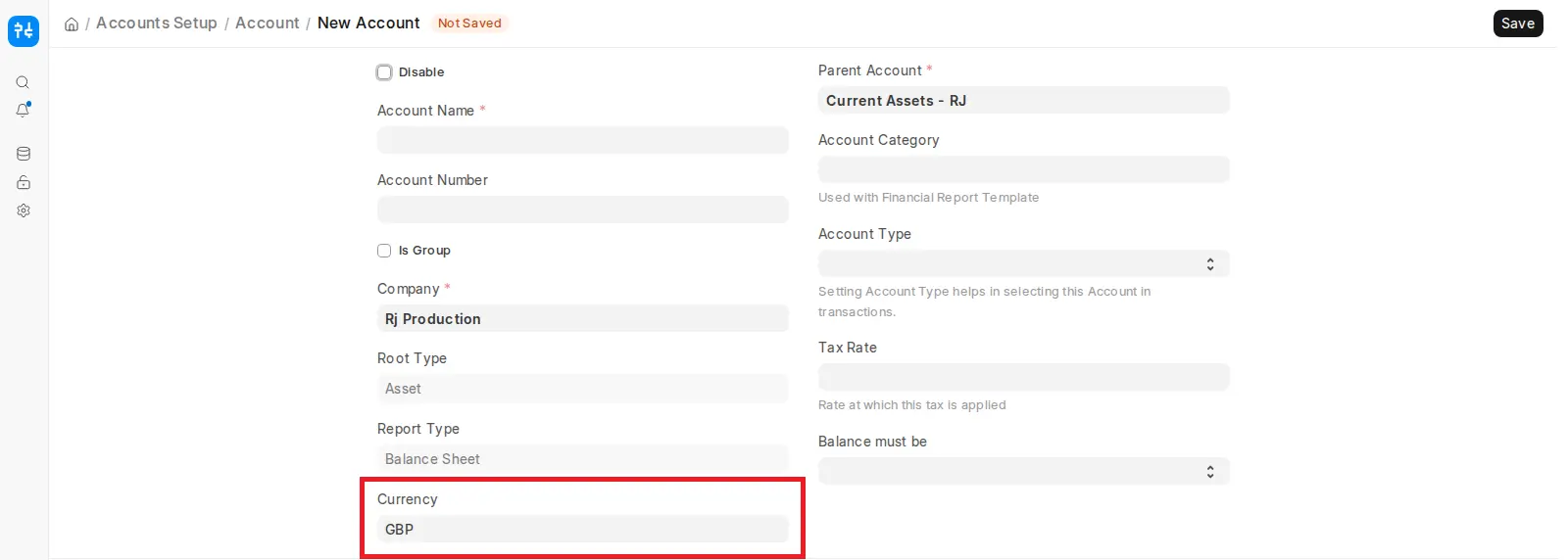 ERPNext New Account form with Currency field highlighted for revaluation