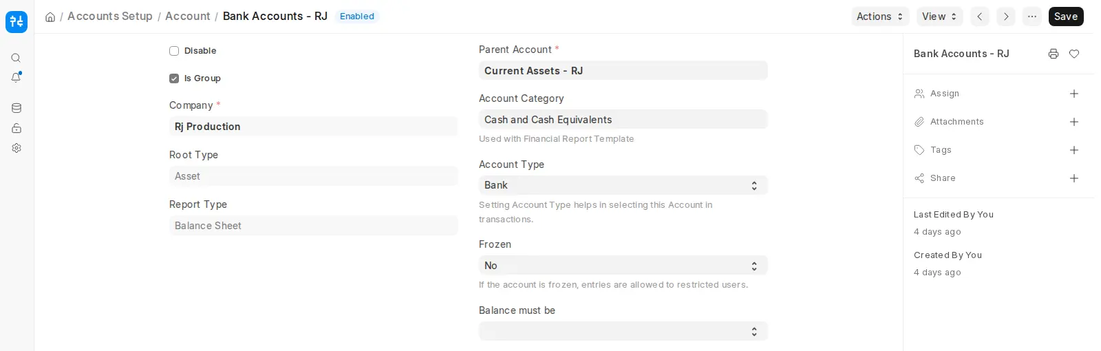 ERPNext Bank Accounts group with account category and type settings