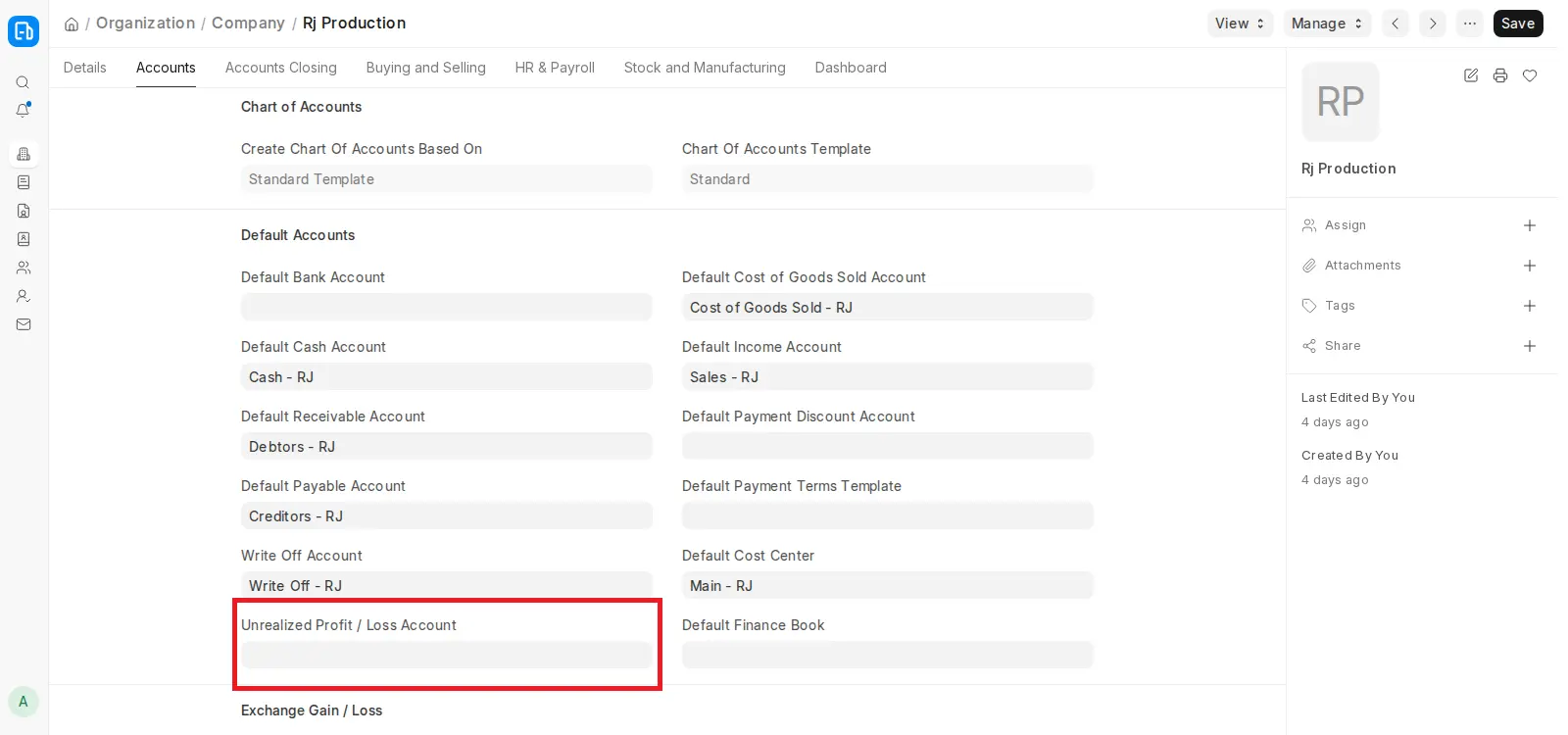 ERPNext Company Accounts tab showing Unrealized Profit Loss Account field
