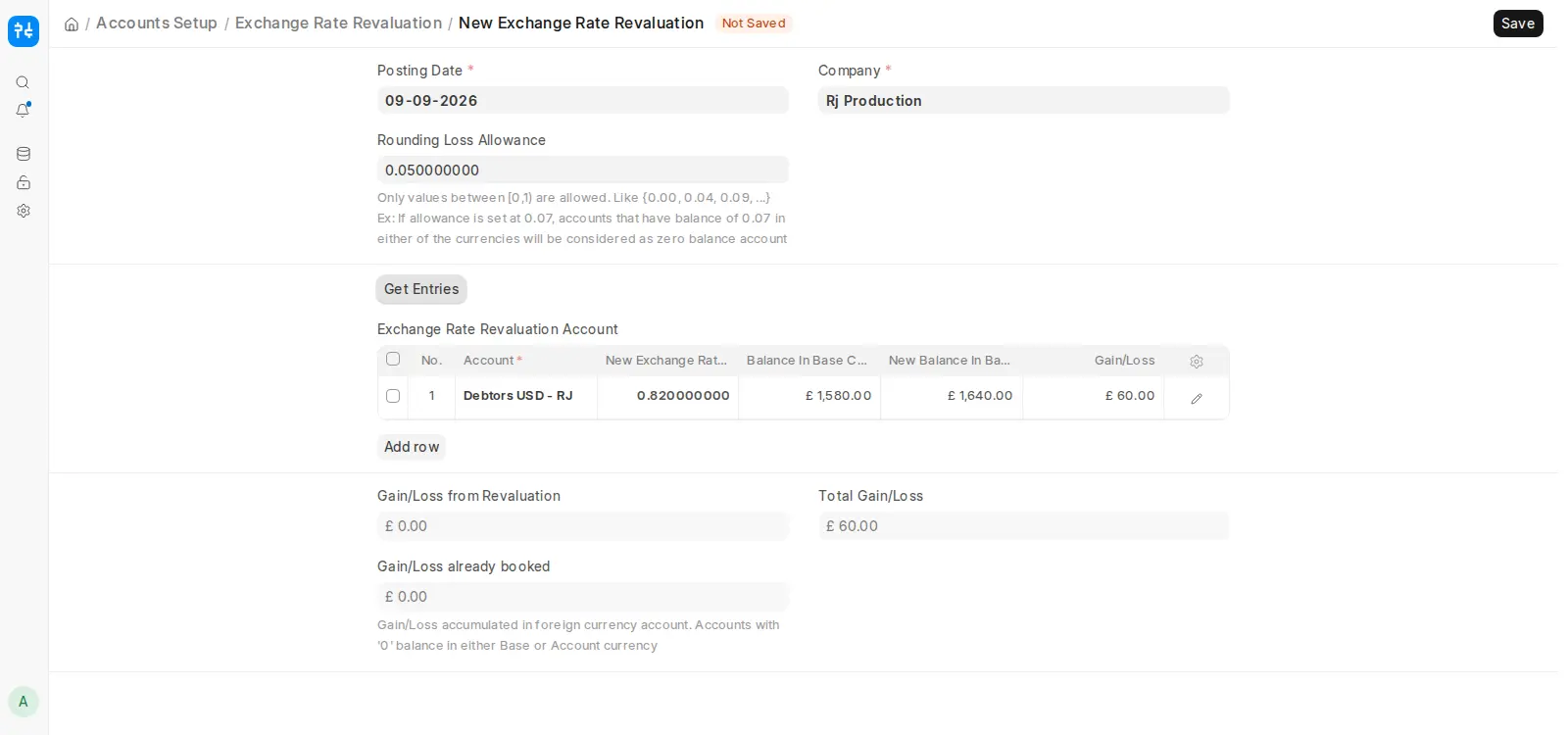 ERPNext Exchange Rate Revaluation showing gain from currency rate change