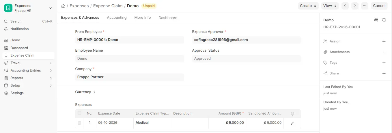 Unpaid Expense Claim in ERPNext HR showing employee, expense approver, approval status and expense amount in GBP