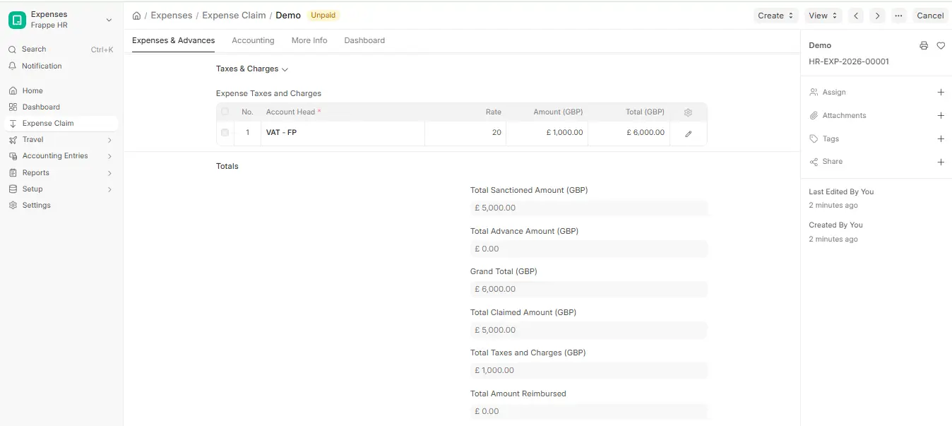 Expense Claim in ERPNext HR showing VAT in Taxes and Charges with sanctioned amount, grand total and total claimed amount