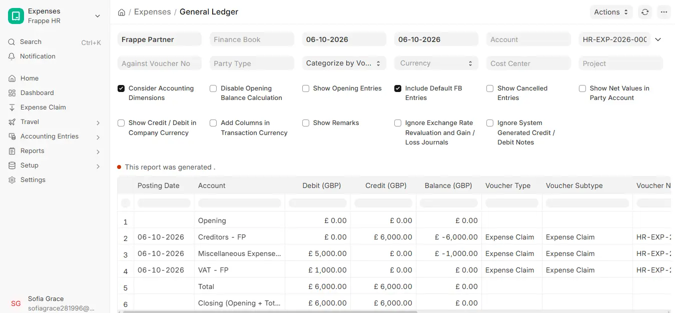 General Ledger report in ERPNext showing accounting entries created by an Expense Claim with debit and credit amounts