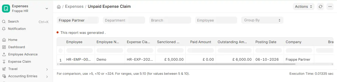 Unpaid Expense Claim report in ERPNext HR with company, department, branch and employee filters and outstanding amount column