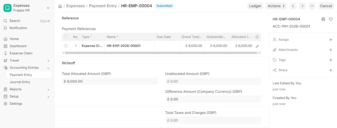Submitted Payment Entry in ERPNext linked to an Expense Claim with allocated amount, writeoff and difference amount