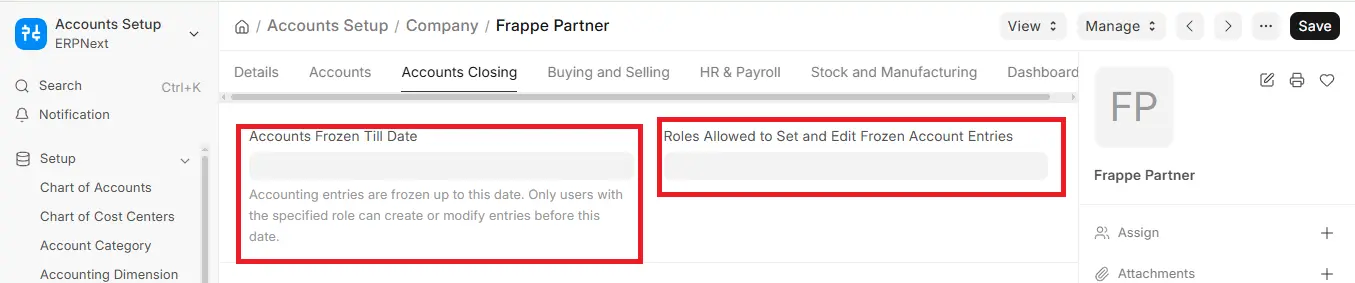 ERPNext Accounts Closing settings showing Accounts Frozen Till Date and roles allowed to edit frozen account entries
