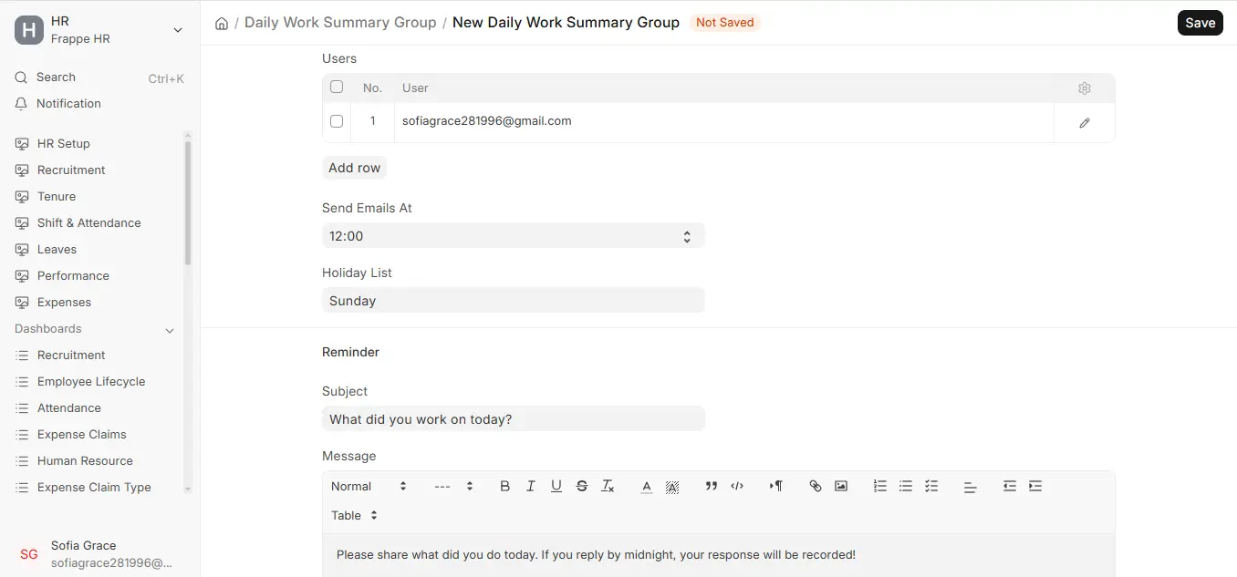 Daily Work Summary Group in ERPNext HR with users, send emails time, holiday list and reminder subject and message
